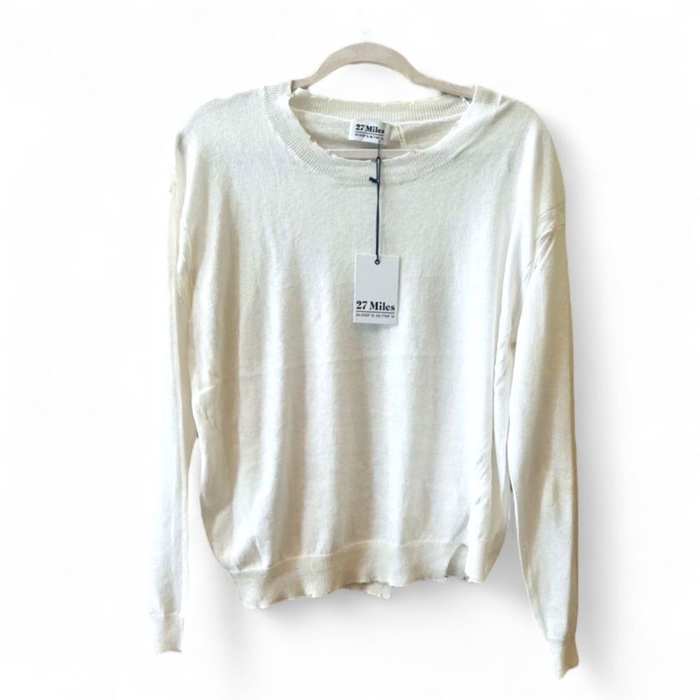 27 Miles Sweater Size L Cotton/Cashmere Laser White‎ Distressed Asymmetrical NWT